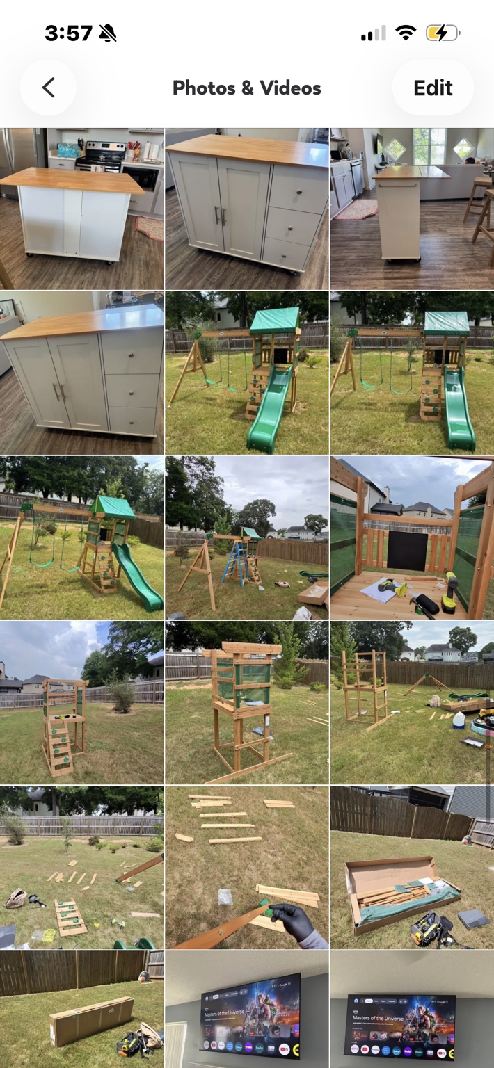 Collection of completed playset, kitchen island, and TV mounting projects
